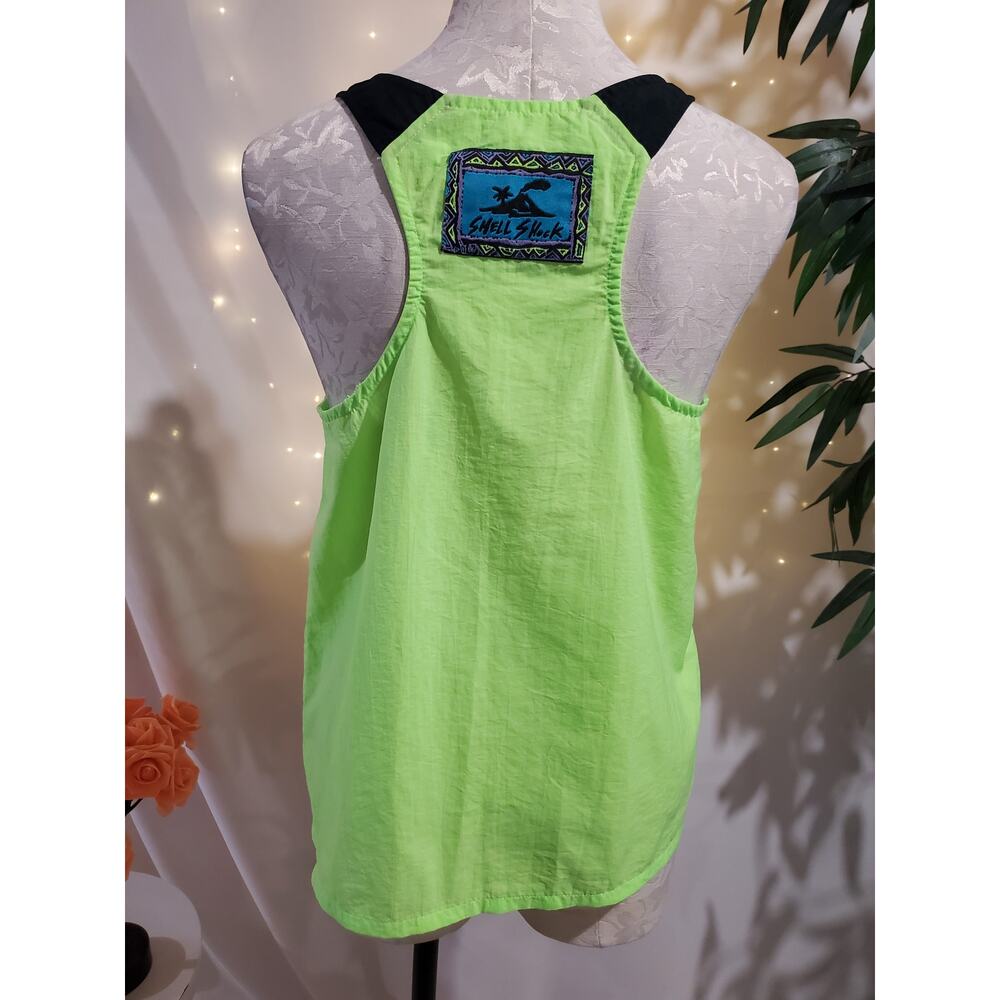 Shell Shock Vtg 90s Neon Green Nylon Tank Top Womens Size L Rave Hawaiian Gym